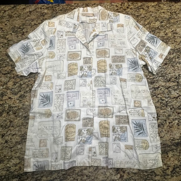Elisabeth by Liz Claiborne Tops - Vintage Elisabeth Liz Claiborne Travel Stamp Postcard Print Shirt Women 18 Rayon